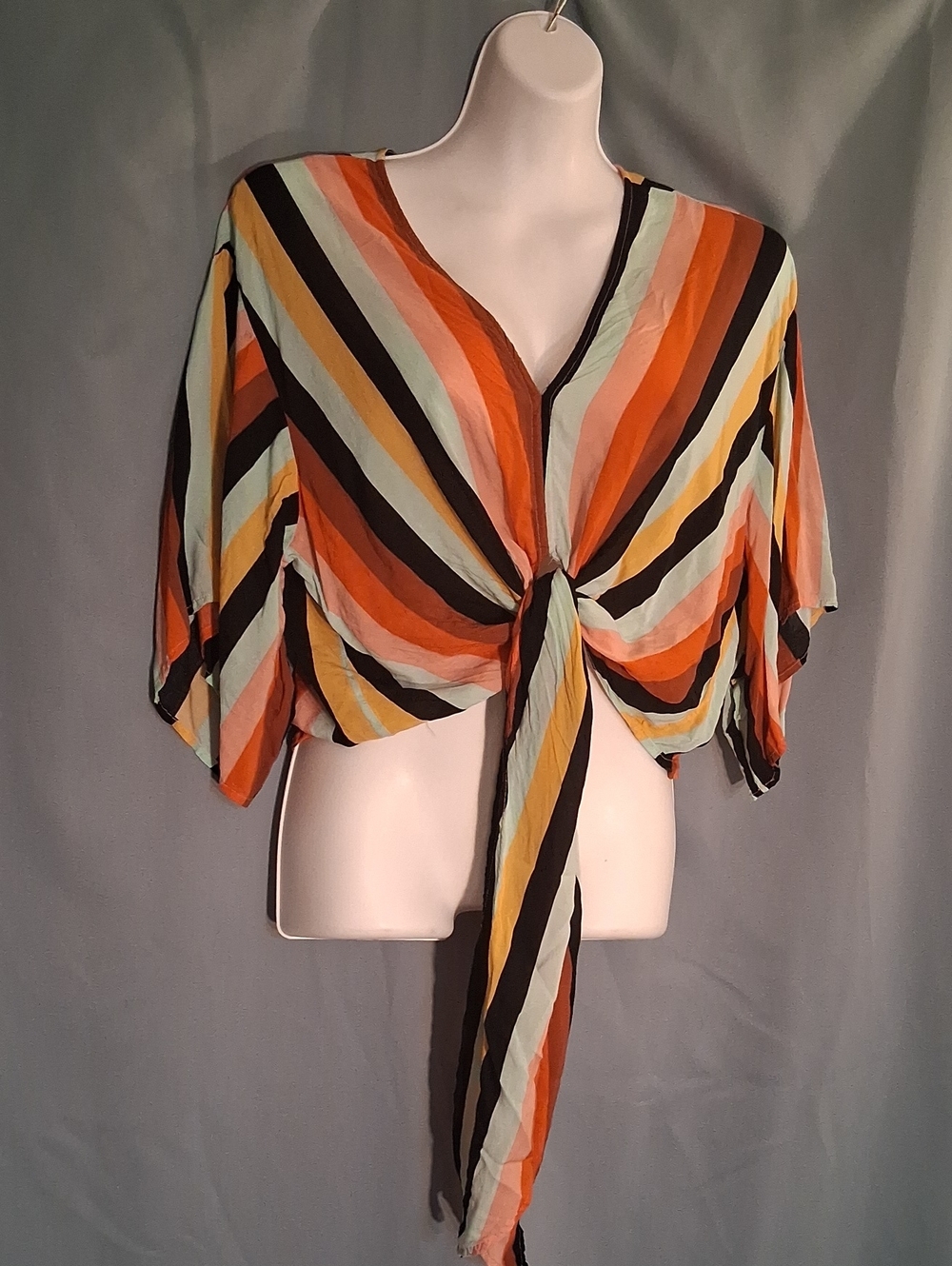 Striped Tie-Front Women’s Top in Orange, Black & Mint